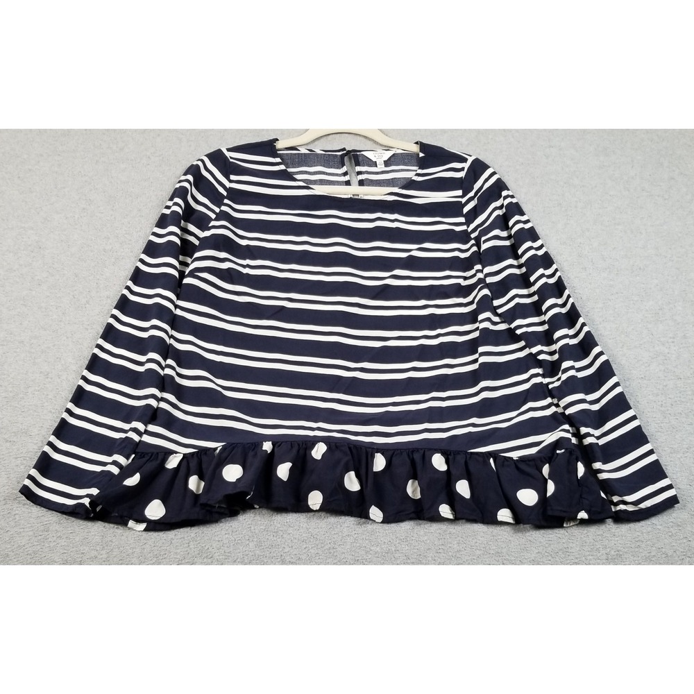 Crown & Ivy Blouse Women PS Petite Small Blue White Striped Polka Dot Peplum Top